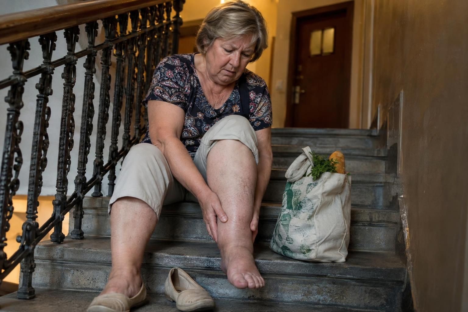 Žena kolem šedesáti s těžkýma a oteklýma nohama sedí večer na schodech činžovního domu, botu má zutou, vedle tašku s nákupem a oběma rukama si svírá oteklé lýtko